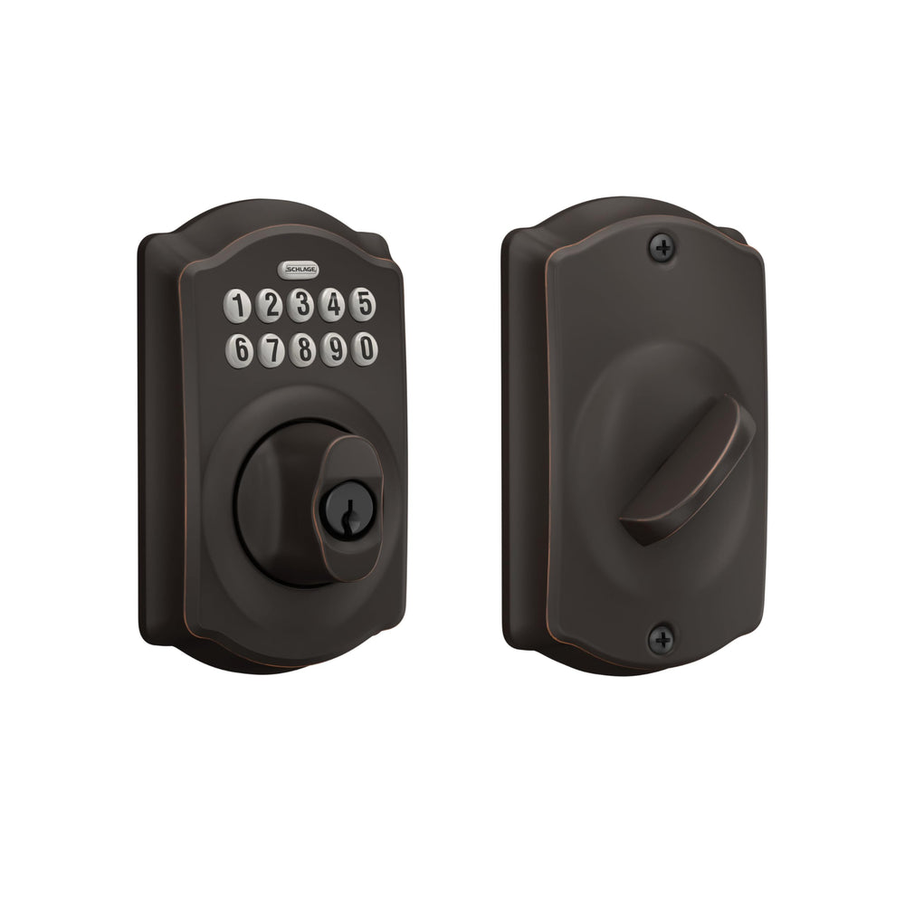 Schlage Camelot front view aged bronze showing curb appeal and durable finish