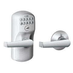 Schlage front view of Plymouth lever showing satin chrome finish and secure look