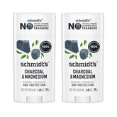 Schmidt's front packaging showing two charcoal magnesium sticks for reliable odor control