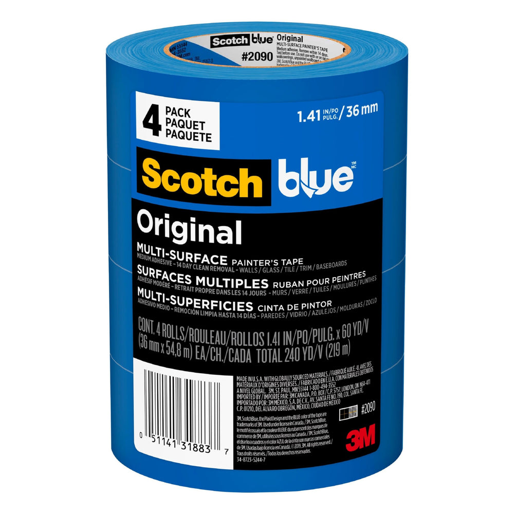 ScotchBlue front packaging showing 1.5 inch 4-roll pack and clear product benefit