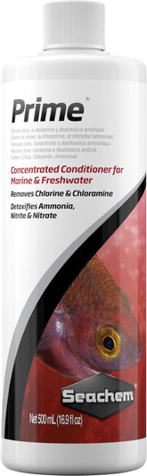 Seachem Prime front label showing product name and concentrated formula benefit