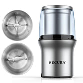 Secura front view of grinder showing compact design and stainless bowls for countertop convenience