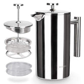 Secura front view stainless French press showing durable insulated body and polished finish benefit: long-lasting heat retention