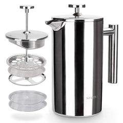 Secura front view stainless French press showing durable insulated body and polished finish benefit: long-lasting heat retention