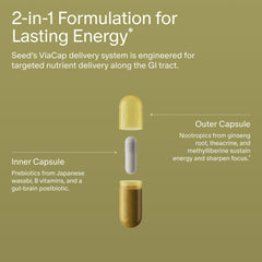 Seed open jar revealing daily capsules, conveys convenience of a 30-day supply