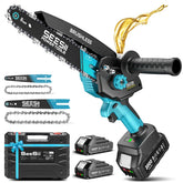 Seesii front view of cordless mini chainsaw highlighting compact design and portability