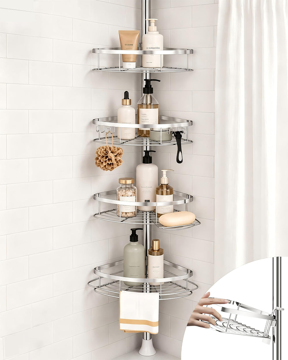 SEIRIONE front view corner caddy showing organized bathroom storage benefit