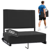 Sekey front view of black stadium seat showing wide comfortable padding