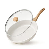 SENSARTE 10-inch frying pan front view showing sleek profile and lid for versatile cooking
