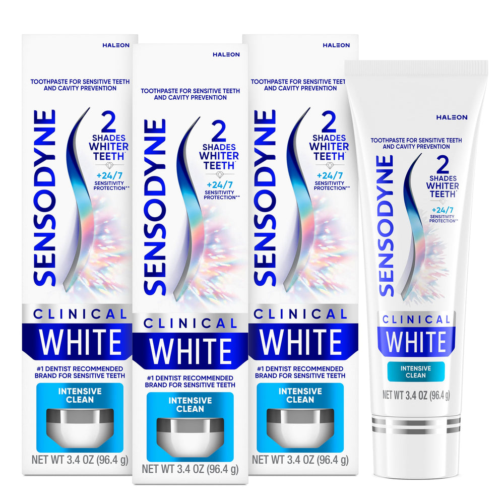 Sensodyne Clinical White front packaging showing three-tube benefit and bright appearance