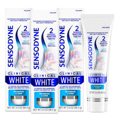 Sensodyne Clinical White front packaging showing three-tube benefit and bright appearance