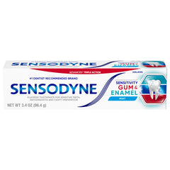 Sensodyne front packaging three-pack showing mint tubes and recyclable carton benefit long-lasting relief