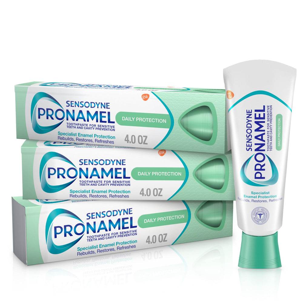 SENSODYNE PRONAMEL front packaging showing three tubes and product name benefit