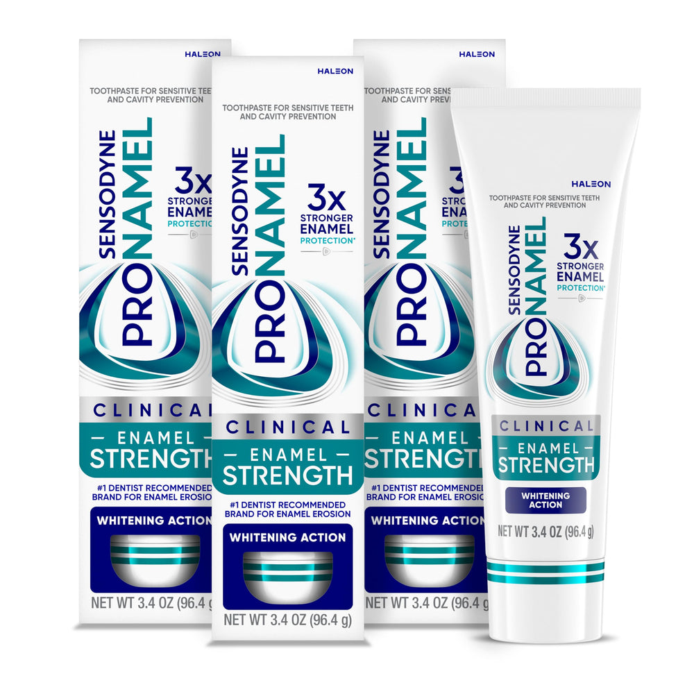 SENSODYNE PRONAMEL front packaging showing three tubes and benefits