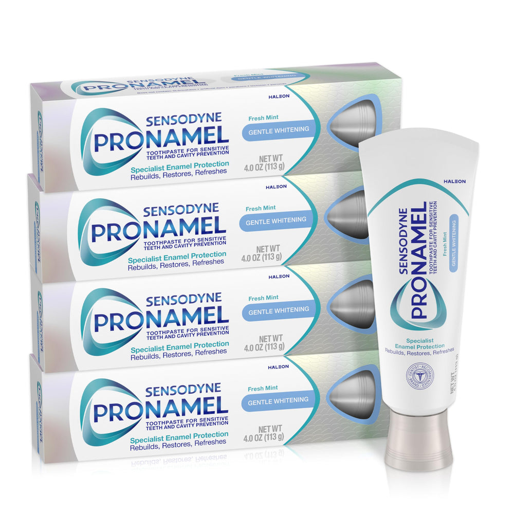 Sensodyne Pronamel front packaging showing four tubes and benefits