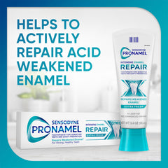 Sensodyne Pronamel tube close-up highlighting the cap and label for easy use