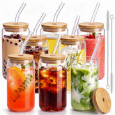 SENTVEND front view of eight 16 oz glass cups showing clear design and versatility