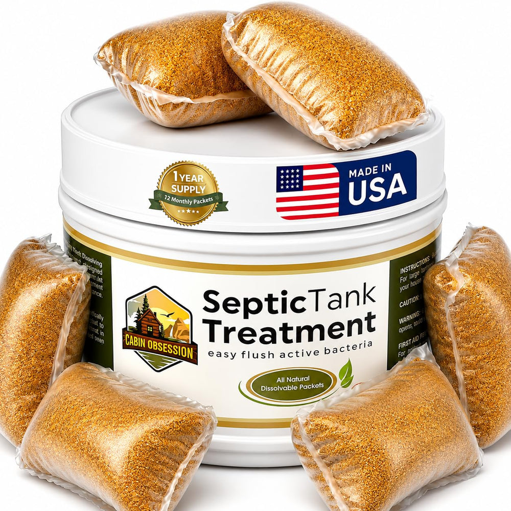 SEPTIC TREATMENT BY CABIN OBSESSION front packaging showing 12 packets and benefits