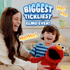 Sesame Street Elmo beside a ruler showing 18-inch scale for size clarity