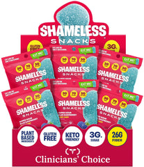 Shameless front packaging showing bold blue raspberry flavor and benefits
