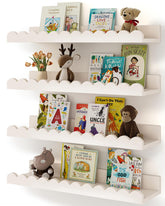 Shario front view of four white floating shelves showing clean nursery storage benefit