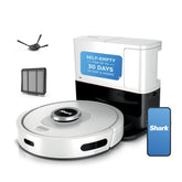 Shark robot front view showing sleek black silver design and efficient suction