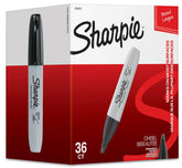 Sharpie front packaging showing 36 black chisel tip markers for reliable marking