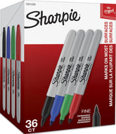 Sharpie front packaging showing 36-count assortment and clear labeling benefit