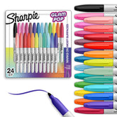Sharpie Glam Pop front packaging showing 24 vibrant colors and set benefit