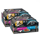 Sheba fish variety front packaging showing twin trays and brand reassurance