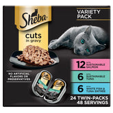 Sheba front packaging seafood multipack showing convenient trays and variety