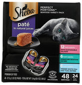 Sheba front packaging seafood variety showing portioned trays and flavors, appeals to picky eaters
