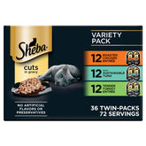 Sheba front packaging showing variety pack and portion trays for convenience