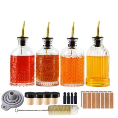 Shining Craft front view of four glass bottles showing embossed designs and labels for neat display