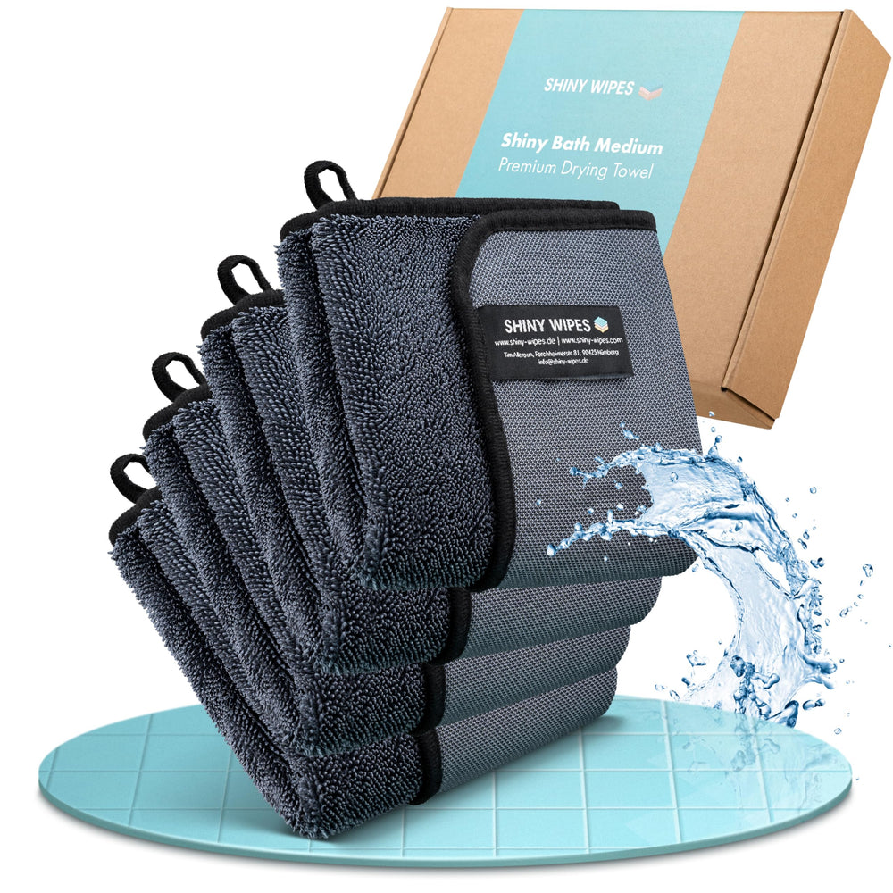 Shiny Bath folded towel front view showing compact, ready-to-use absorbency