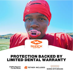 Shock Doctor mouthguard worn in helmet showing secure fit benefit