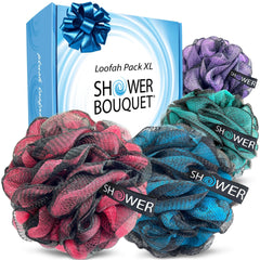 Shower Bouquet front packaging shows XL 75g poufs and value pack benefit
