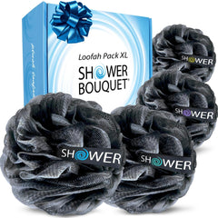Shower Bouquet front packaging showing four charcoal loofahs and weight