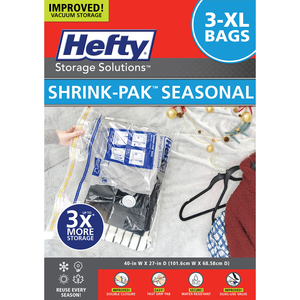 Shrink-Pak front packaging shows three XL vacuum bags and benefits storage