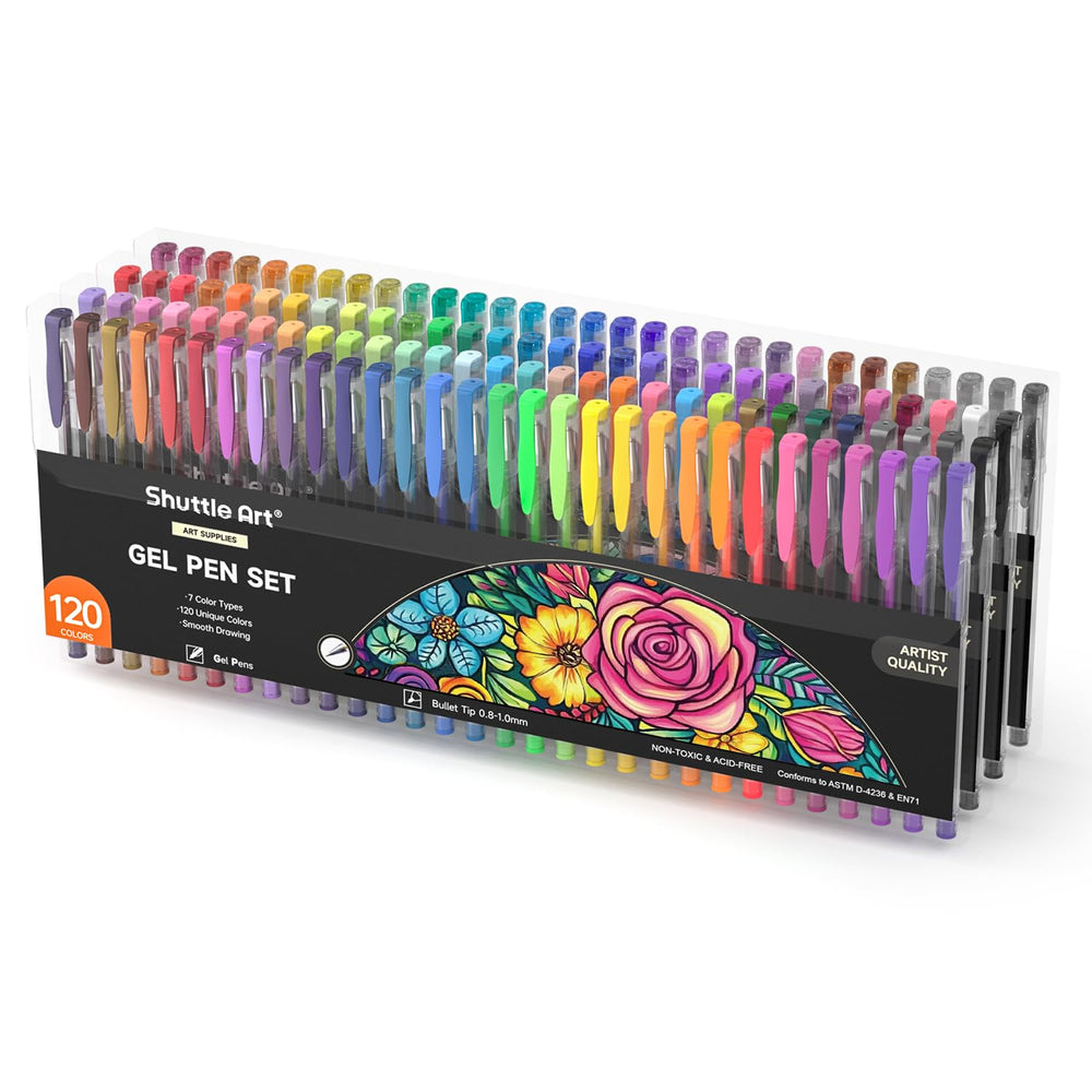 Shuttle Art front packaging showing 120 unique gel pens and compact case for portability