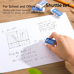 Hand holding Shuttle Art eraser illustrating durable, break-resistant benefit