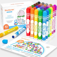 Shuttle Art front packaging showing 30 colorful dot markers and activity book benefit easy selection