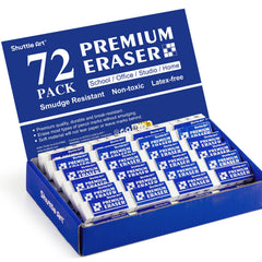 Shuttle Art front packaging of 72 erasers showing classroom bulk benefit