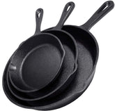 Simple Chef front view of three pre-seasoned skillets showing sizes and durability benefit