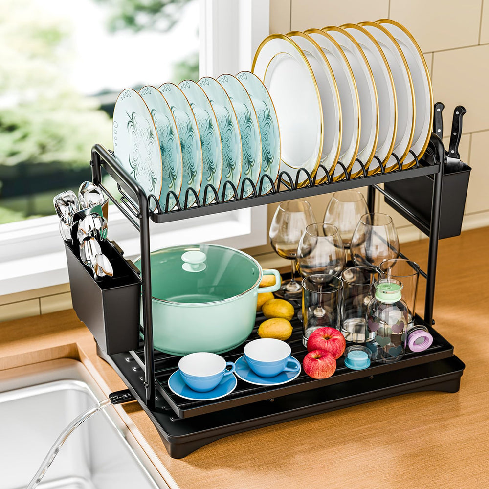 Simple Trending front view of two-tier dish rack showing storage capacity and organized drying