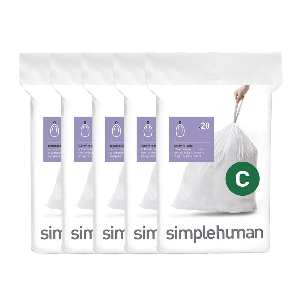simplehuman front packaging showing Code C 100-count and tidy dispensing benefit
