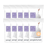 simplehuman front packaging showing code Q liners and quick-dispense benefit