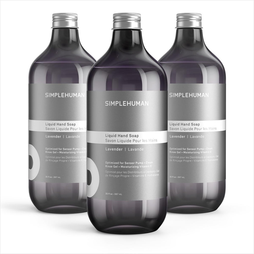 simplehuman front packaging showing three lavender refill bottles and clear product labeling benefits