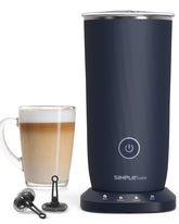 SIMPLETASTE front view of dark blue frother showing controls and finish, highlights convenience