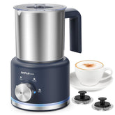 SIMPLETASTE frother front view showing sleek stainless steel and compact design for countertop convenience